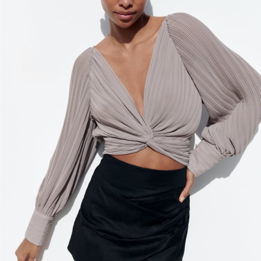 Zara Grey Taupe Pleated Crop Top